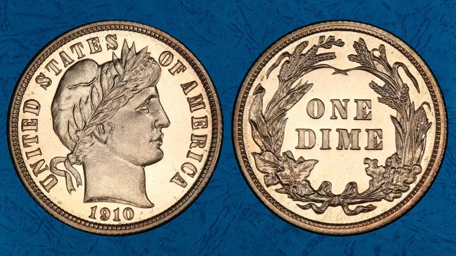 1910 Barber Dime obverse and reverse showing Liberty head design and wreath reverse