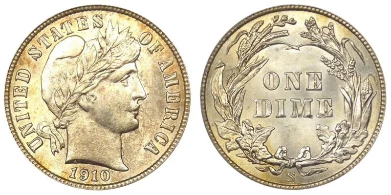 Side-by-side comparison of 1910 Philadelphia Barber Dime versus 1910-S key date showing mint mark location