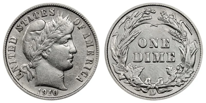 1910-D Barber Dime repunched mint mark showing doubled D impression below wreath on reverse