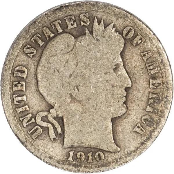 1910 Barber Dime doubled die error showing doubling on Liberty headband inscription under macro photography