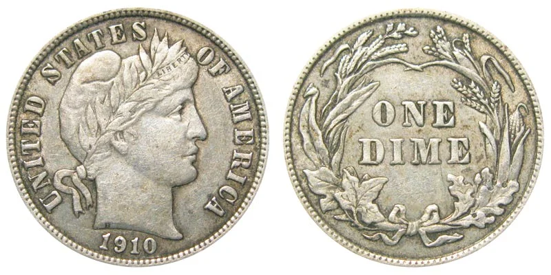 Historical photograph of Philadelphia Mint circa 1910 or group of 1910 Barber Dimes showing all four mint issues